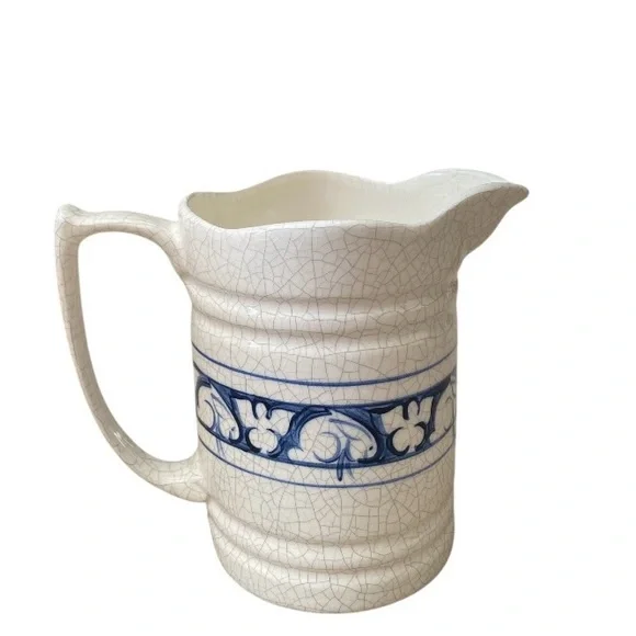 Vintage DEDHAM Pottery Blue Rabbit Pitcher Wavetop 40 oz. Early Pottery Shed